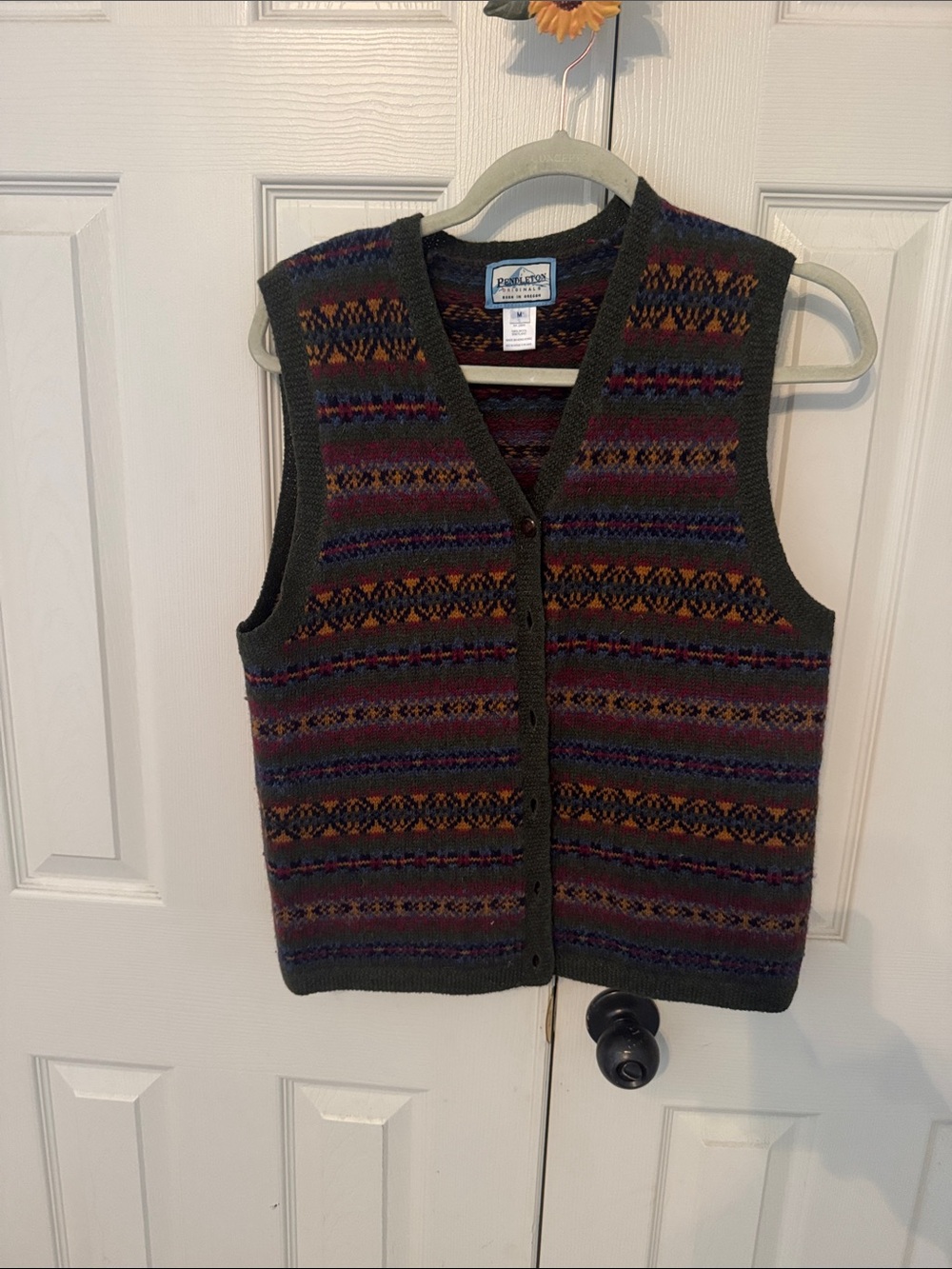Pendleton Olive Green Fair Isle V-Neck Wool Vest with Orange and Purple Accents